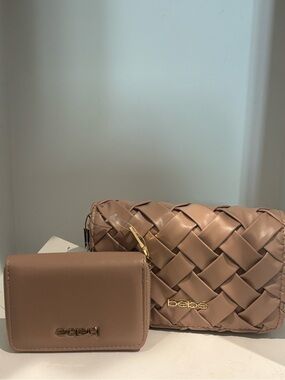 bebe Woven Crossbody and Matching Wallet in Taupe